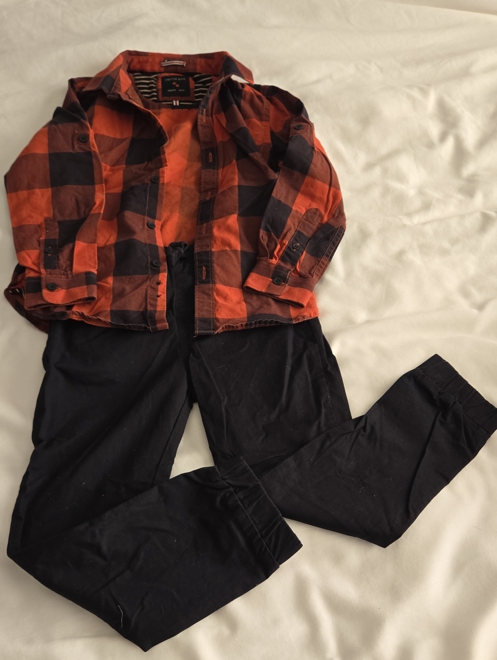 Cactus Boys Orange and Black Plaid Button-Up With Andy & Evan Black Pants